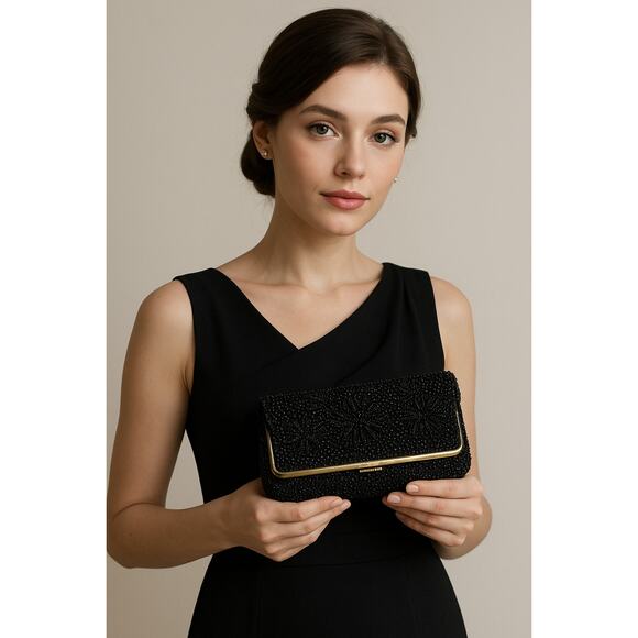 Vintage 80s Black Beaded Clutch Purse Evening Bag Elegant Beadwork Retro Glam - Picture 1 of 6